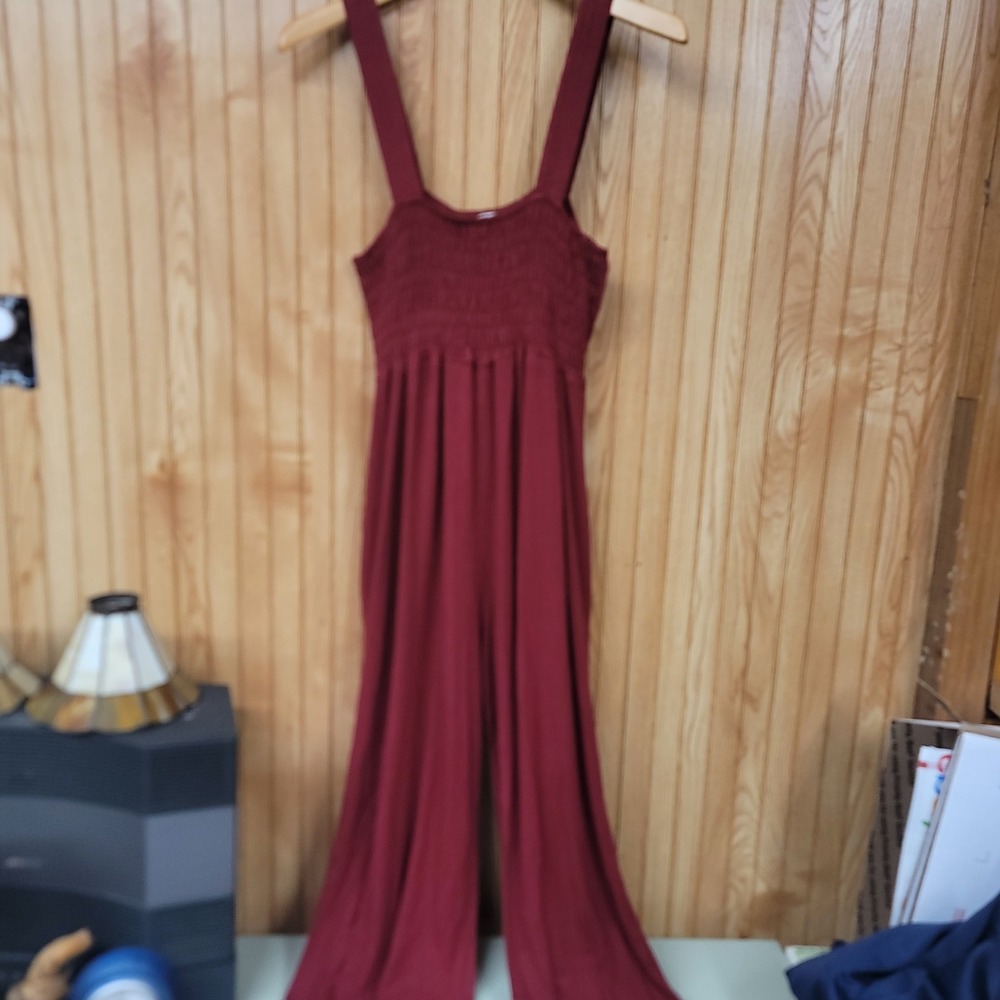 Earthbound Trading Co Burgundy Smocked Wide Leg Jumpsuit with Pockets Medium